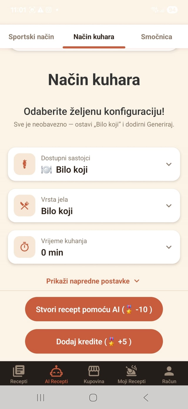 Chef mod — recept po vrsti jela i vremenu