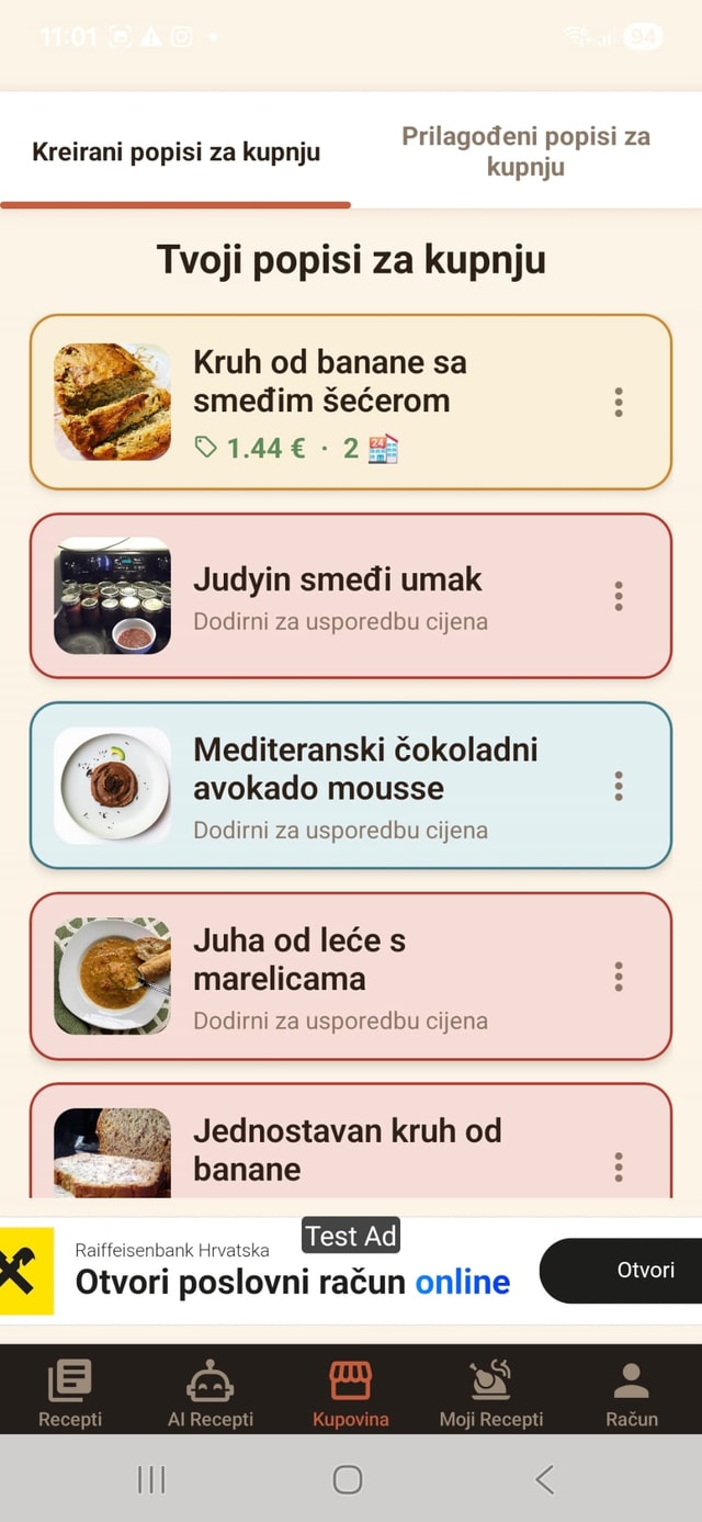 Automatski kreirani popisi za kupovinu